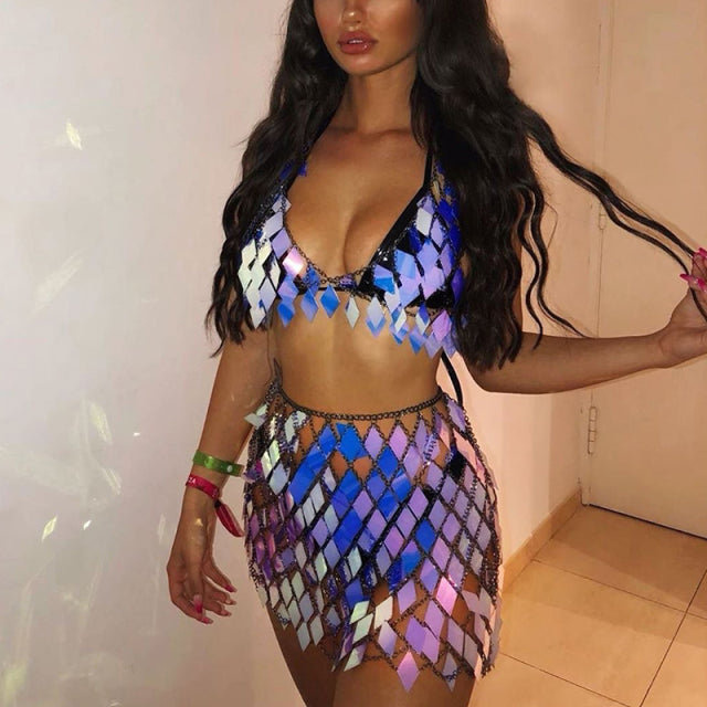 Two Piece Metal Chain Summer Rave Outfit