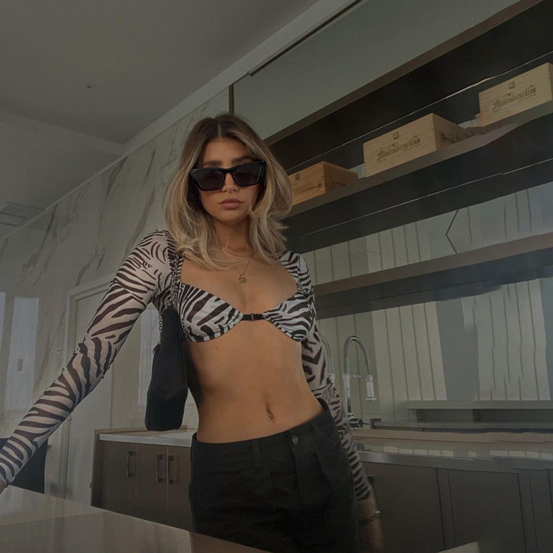 Cryptographic Zebra  Mesh See Through Long Sleeve Top