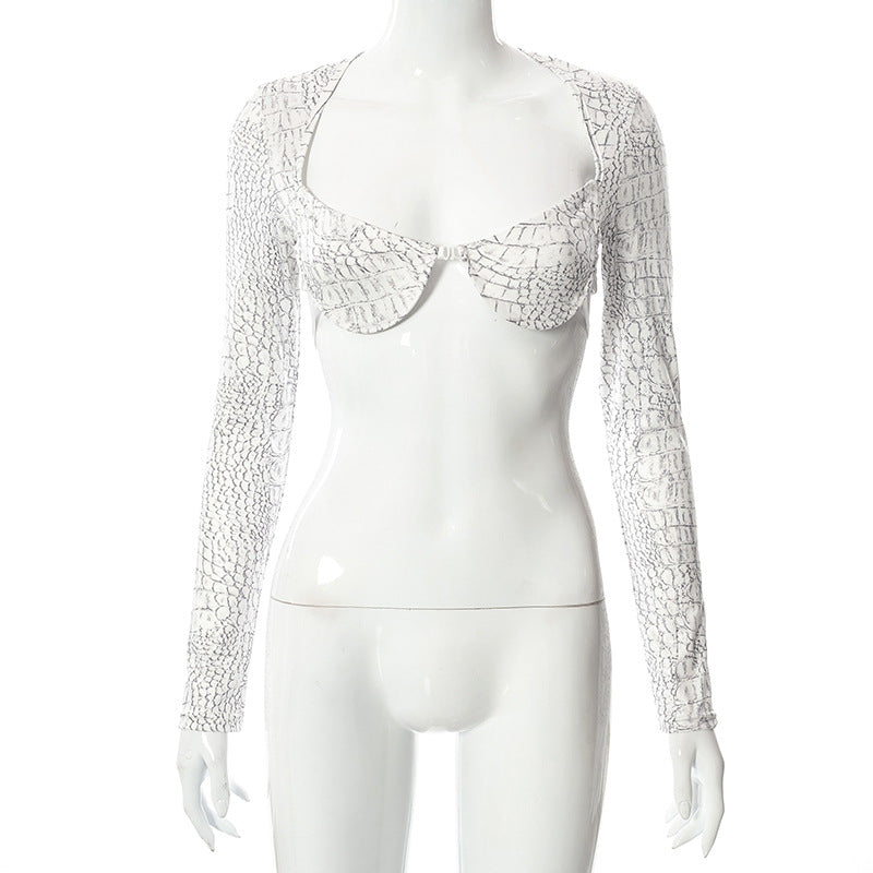 Cryptographic Zebra  Mesh See Through Long Sleeve Top