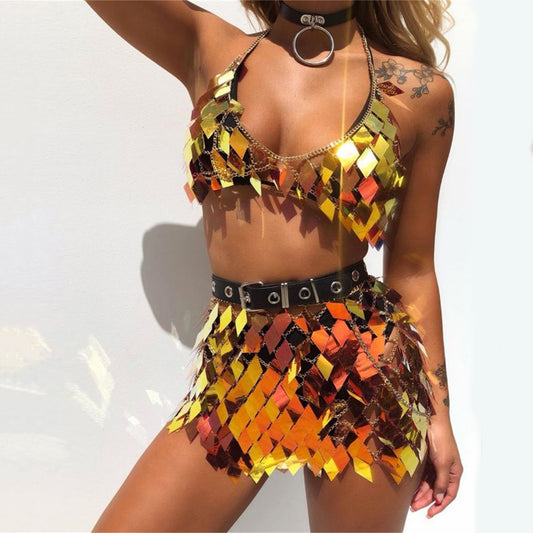 Two Piece Metal Chain Summer Rave Outfit