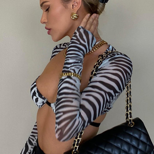 Cryptographic Zebra  Mesh See Through Long Sleeve Top